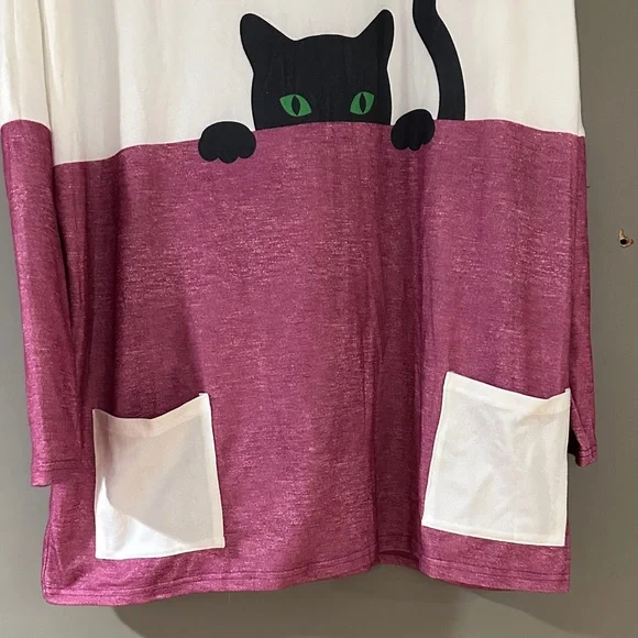Cute Cat Graphic Colorblock Tunic Top w Pockets Long Sleeve Casual Cozy - Picture 3 of 4